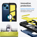 ACS03541 - iPhone 13 Case Tough Armor in navy blue showing the innovative protection. Extreme Protection Tech dissipates impact shock throughout its foam