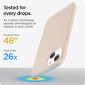ACS03513 - iPhone 13 Case Thin Fit in sand beige showing tested for every drops with Air Cushion Technology absorbs and mitigates all impacts in each corner. Dropped from 48
