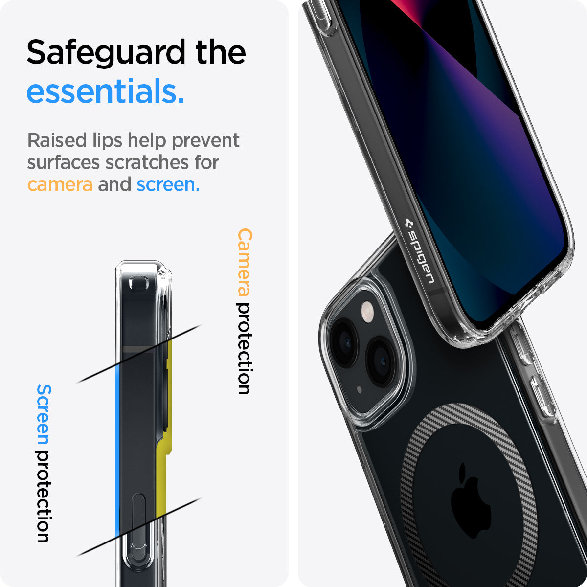 ACS04086 - iPhone 13 Case Ultra Hybrid Mag Safe Compatible in carbon fiber showing the raised lips help prevent surfaces scratches for camera and screen. Screen protection and camera protection