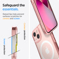 ACS03530 - iPhone 13 Case Ultra Hybrid Mag Safe Compatible in rose crystal showing the raised lips help prevent surfaces scratches for camera and screen. Screen protection and camera protection
