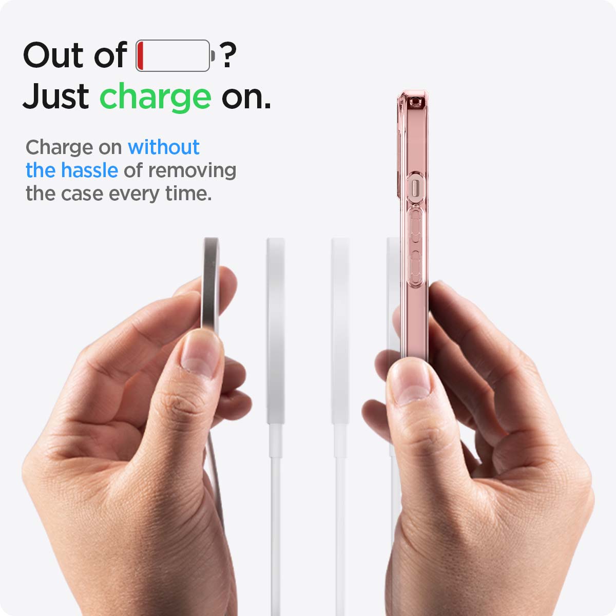 ACS03530 - iPhone 13 Case Ultra Hybrid Mag Safe Compatible in rose crystal showing charging on without the hassle of removing the case every time