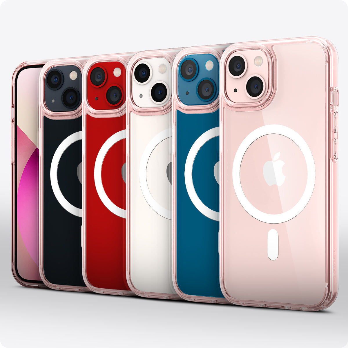 ACS03530 - iPhone 13 Case Ultra Hybrid Mag Safe Compatible in rose crystal showing the multiple cases back and partial front showcasing different colors of the devices