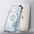 ACS03528 - iPhone 13 Case Ultra Hybrid Mag Safe Compatible in white showing the back of the case leaning against the back of the device