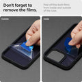 ACS03623 - iPhone 13 Case Ultra Hybrid Matte in frost black showing peeling off both films form inside and outside of the case. Don't forget to remove the films