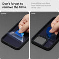 ACS03625 - iPhone 13 Mini Case Ultra Hybrid Matte in frost black showing peeling off both films form inside and outside of the case. Don't forget to remove the films