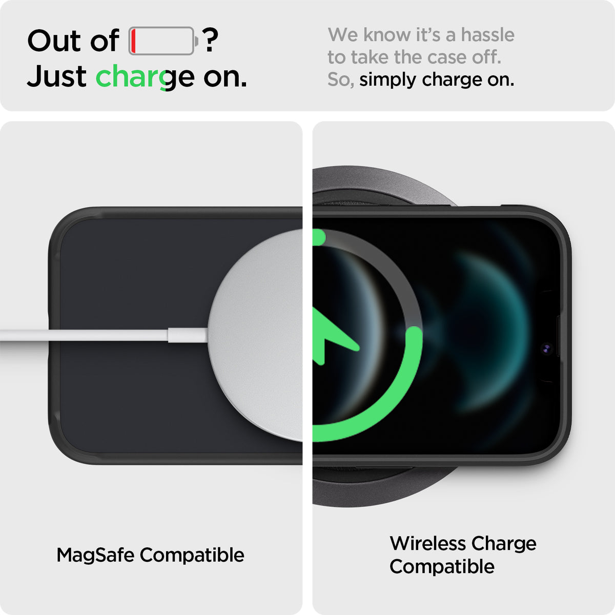 ACS03625 - iPhone 13 Mini Case Ultra Hybrid Matte in frost black showing simply charge on. MagSafe compatible. Wireless Charge compatible