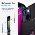 ACS03314 - iPhone 13 Mini Case Rugged Armor in matte black showing the raised lips help to prevent surfaces scratches for camera and screen. Camera protection and screen protection