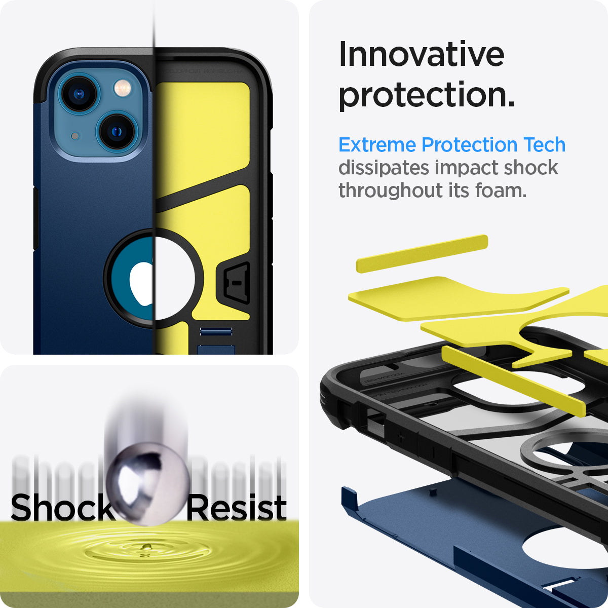 ACS03333 - iPhone 13 Mini Case Tough Armor in navy blue showing the innovative protection. Extreme Protection Tech dissipates impact shock throughout its foam
