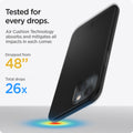 ACS03678 - iPhone 13 Mini Case Thin Fit in black showing tested for every drops with Air Cushion Technology absorbs and mitigates all impacts in each corner. Dropped from 48