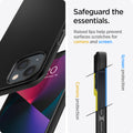 ACS03678 - iPhone 13 Mini Case Thin Fit in black showing the raised lips help prevent surfaces scratches for camera and screen. Screen protection and Camera protection