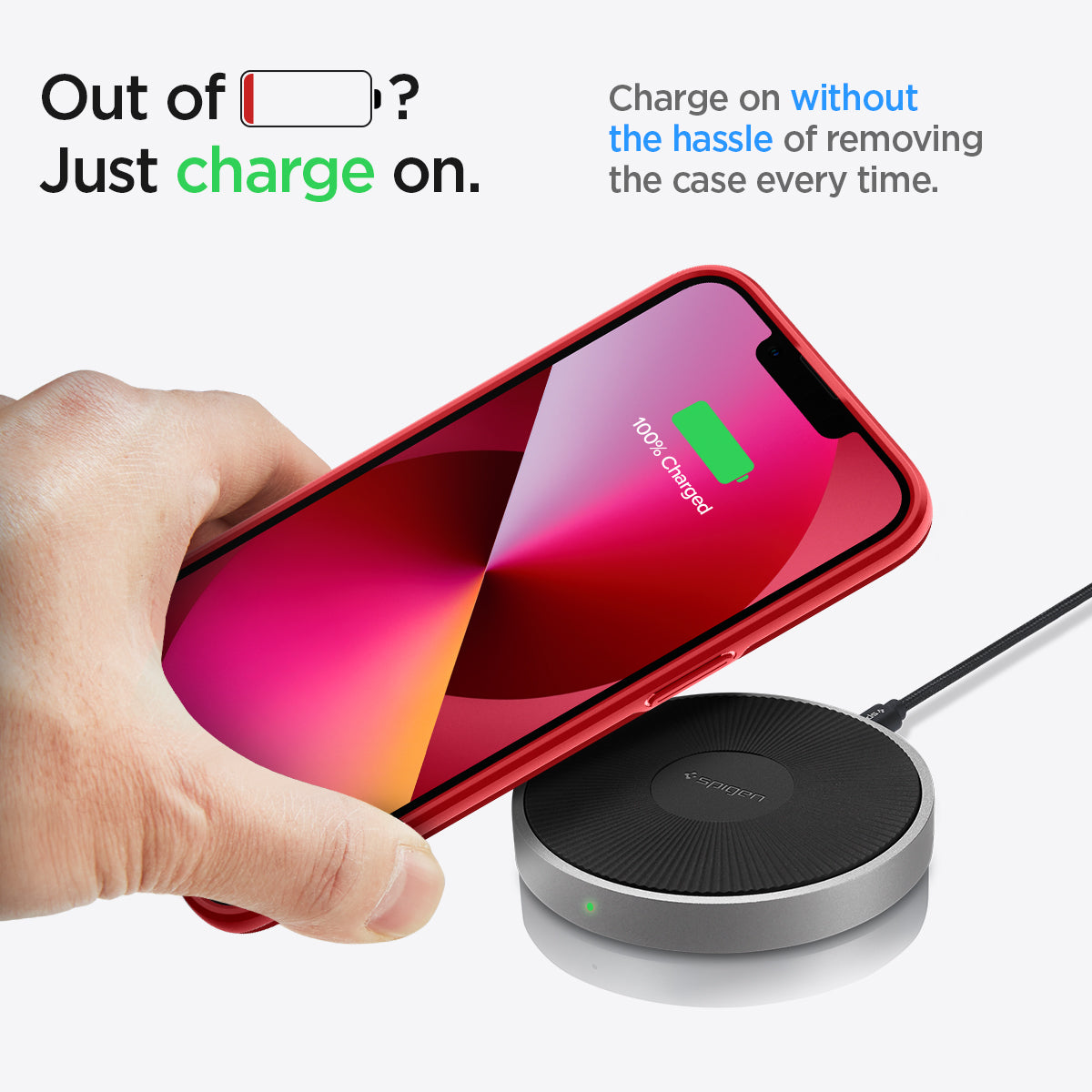 ACS03306 - iPhone 13 Mini Case Thin Fit in red showing charging on without the hassle of removing the case every time