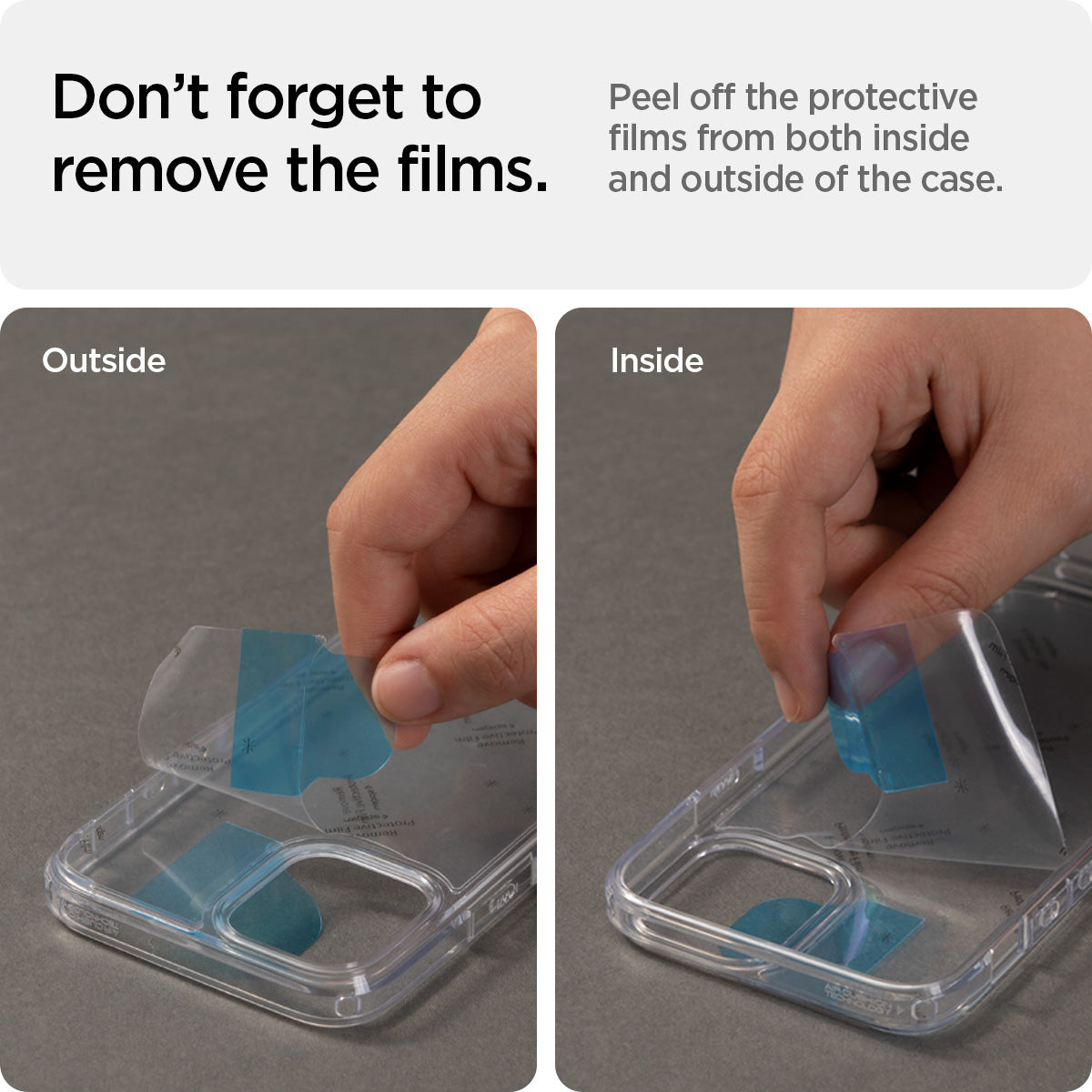 ACS03318 - iPhone 13 Mini Case Ultra Hybrid in matte black showing the peeling off the protective films from both inside and outside of the case
