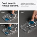 ACS03322 - iPhone 13 Mini Case Ultra Hybrid Mag Safe Compatible in white showing starting from a different step may lead t scratches on the product. Don't forget to remove the films