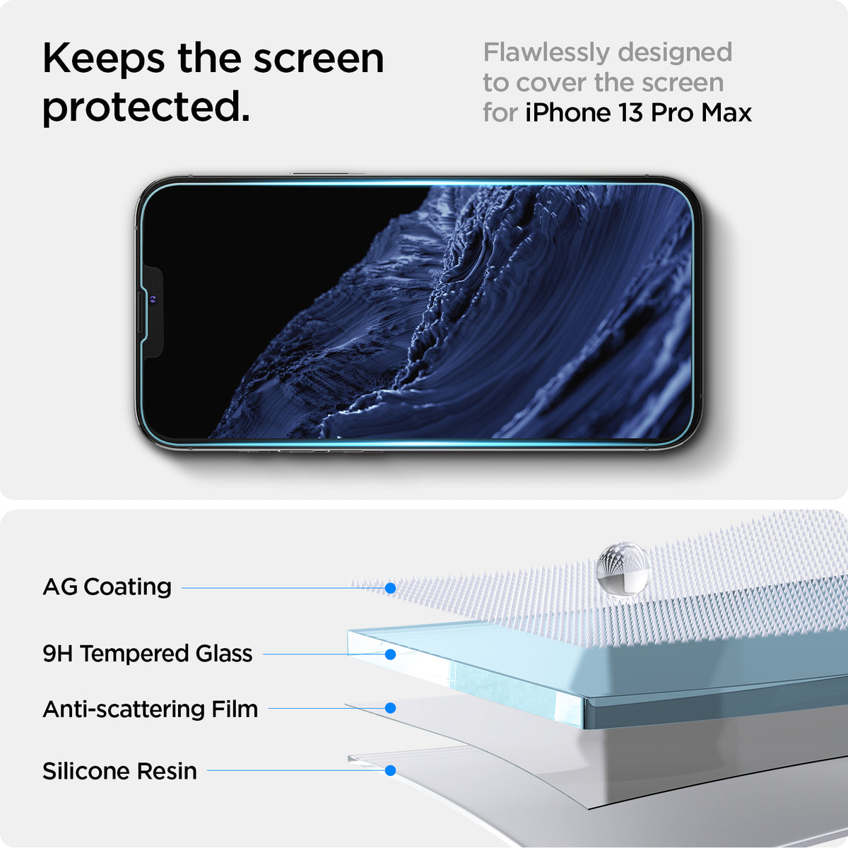 AGL03376 - iPhone 13 Pro Max Screen Protector EZ FIT GLAS.tR (Sensor Protection) showing the flawlessly design to cover the screen for iPhone 13 Pro Max. Keeps the screen protected with AG coatingm 9H Tempered Glass, Anti-scattering Film and Silicone resin 