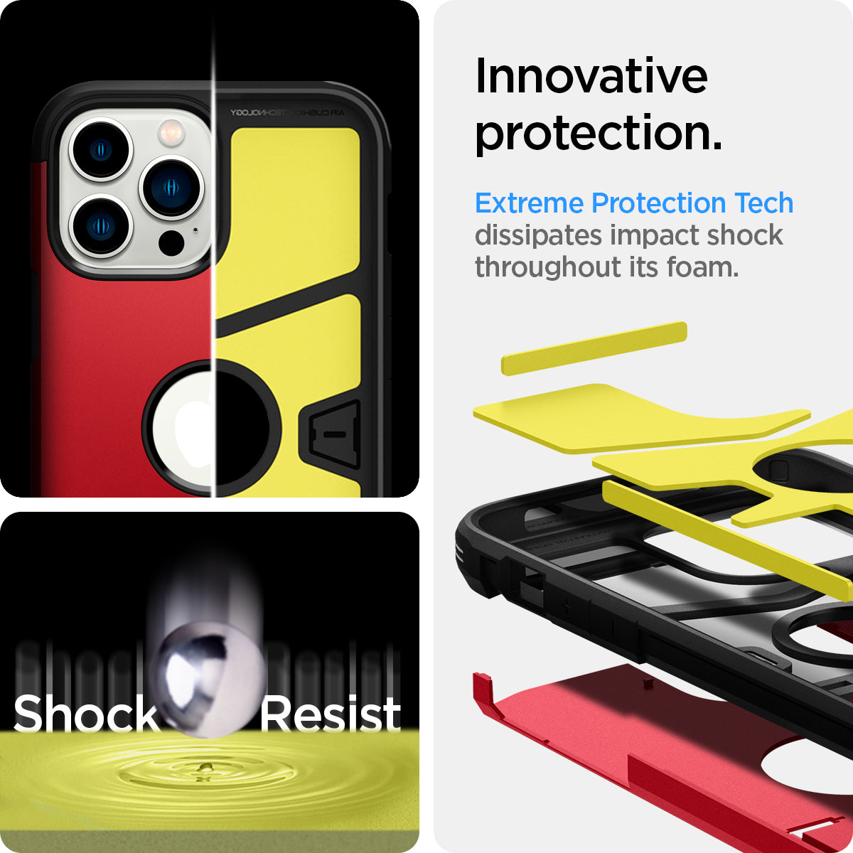 ACS03224 - iPhone 13 Pro Max Case Tough Armor in red showing the innovative protection. Extreme Protection Tech. Extreme Protection Tech dissipates impact shock throughout is foam