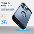 ACS03838 - iPhone 13 Pro Max Case Tough Armor in sierra blue showing tested for every drops. Air Cushion Technology absorbs and mitigates all impacts in each corner. Dropped from 48