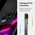 ACS03674 - iPhone 13 Pro Max Case Thin Fit in black showing the raised lips help prevent surfaces scratches for camera and screen. Screen protection and Camera protection