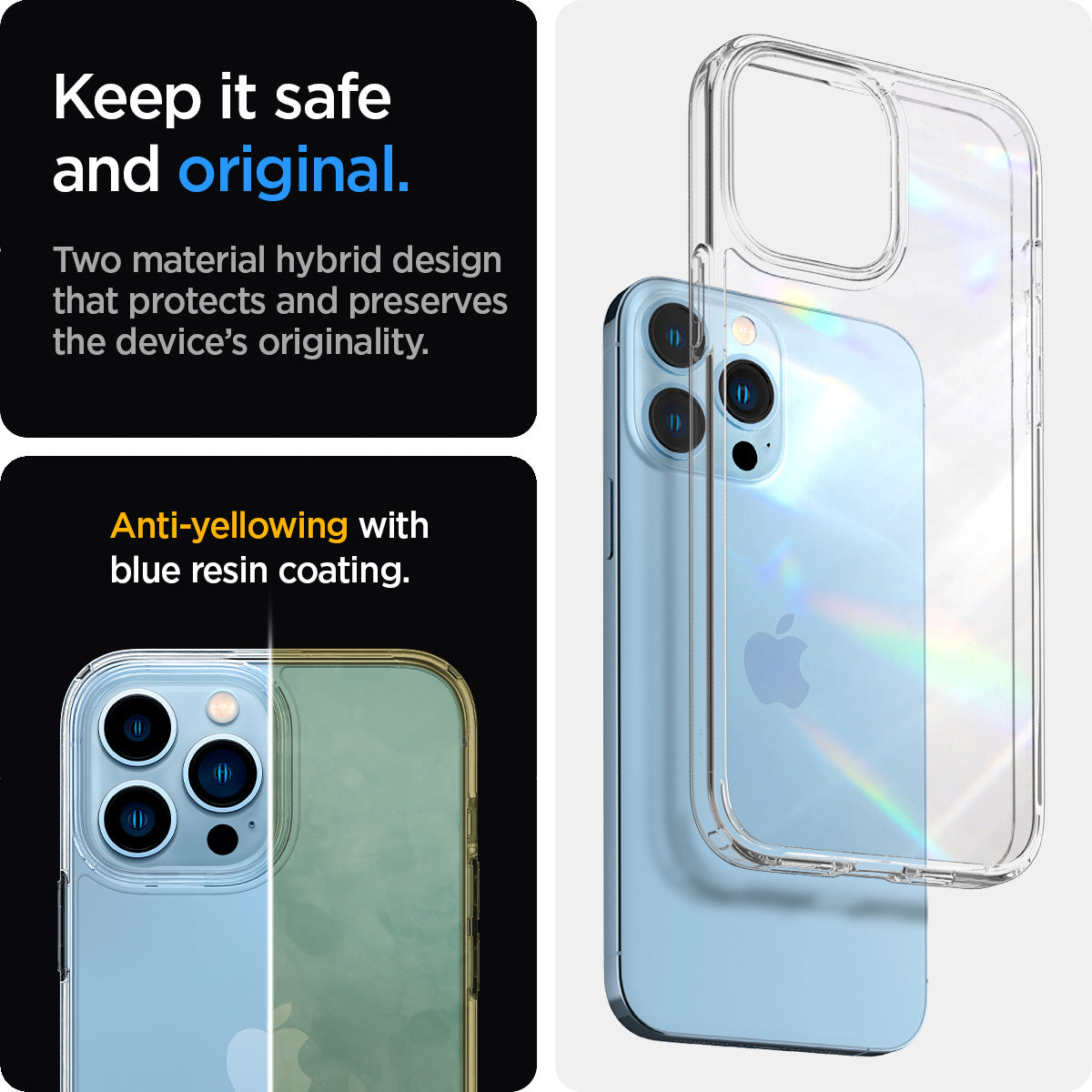 ACS03204 - iPhone 13 Pro Max Case Ultra Hybrid in crystal clear showing the two material hybrid design that protects and preserves the device's originality. Anti-yellowing with blue resin coating