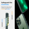 ACS04558 - iPhone 13 Pro Max Case Ultra Hybrid in midnight green showing the raised lips help prevent surfaces scratches for camera and screen. Screen protection and Camera protection