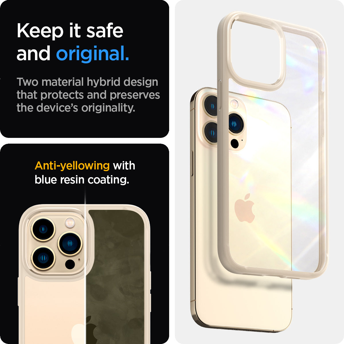 ACS03208 - iPhone 13 Pro Max Case Ultra Hybrid in sand beige showing the two material hybrid design that protects and preserves the device's originality. Anti-yellowing with blue resin coating