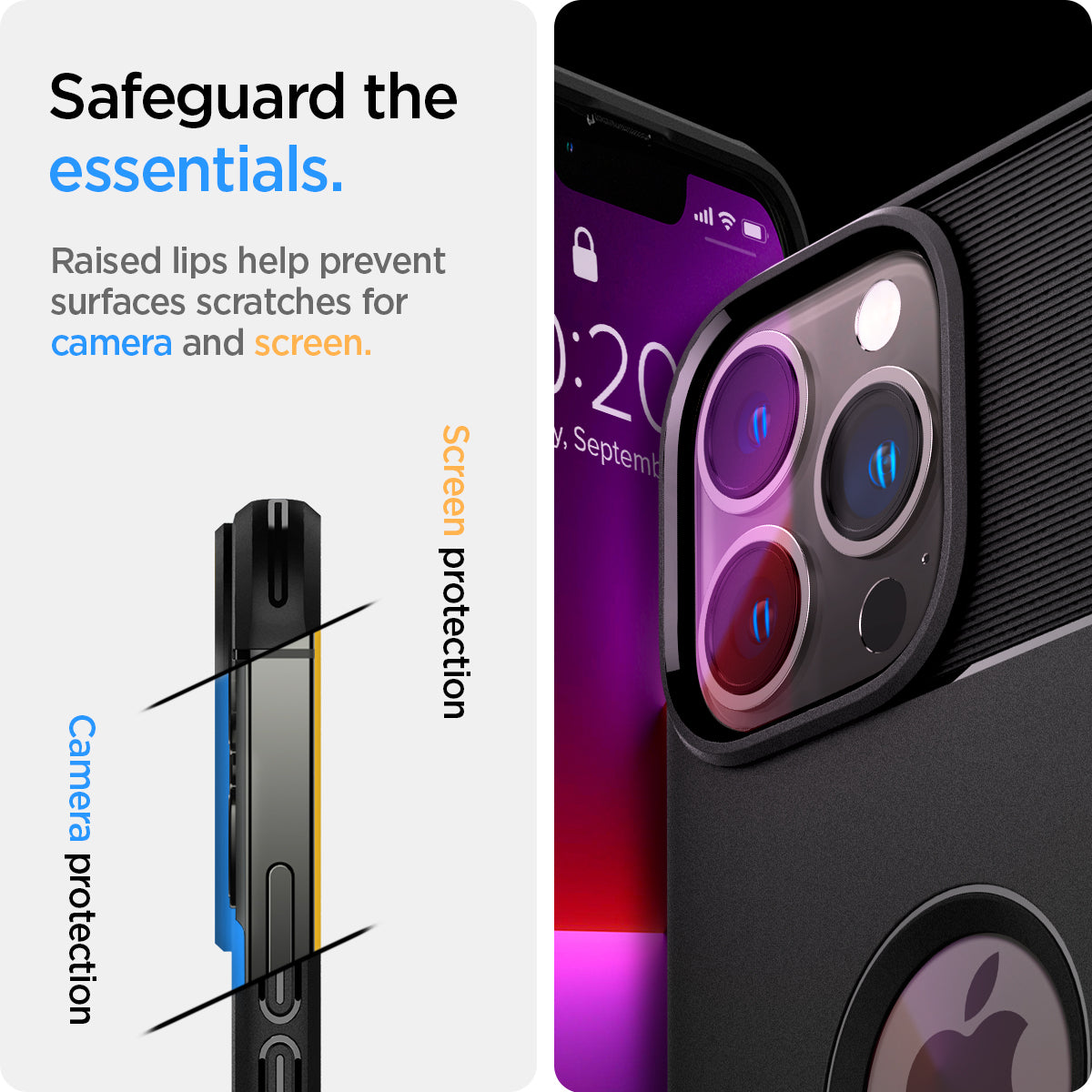 ACS03257 - iPhone 13 Pro Case Rugged Armor in black showing the  raised lips help to prevent surfaces scratches for camera and screen. Camera protection and screen protection