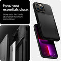 ACS03536 - iPhone 13 Case Slim Armor CS in black showing keep your essentials close. Store up to two cards at once for maximum convenience.