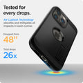 ACS03277 - iPhone 13 Pro Case Tough Armor in black showing tested for every drops. Air Cushion Technology absorbs and mitigates all impacts in each corner. Dropped from 48
