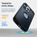 ACS03279 - iPhone 13 Pro Case Tough Armor in navy blue showing tested for every drops. Air Cushion Technology absorbs and mitigates all impacts in each corner. Dropped from 48