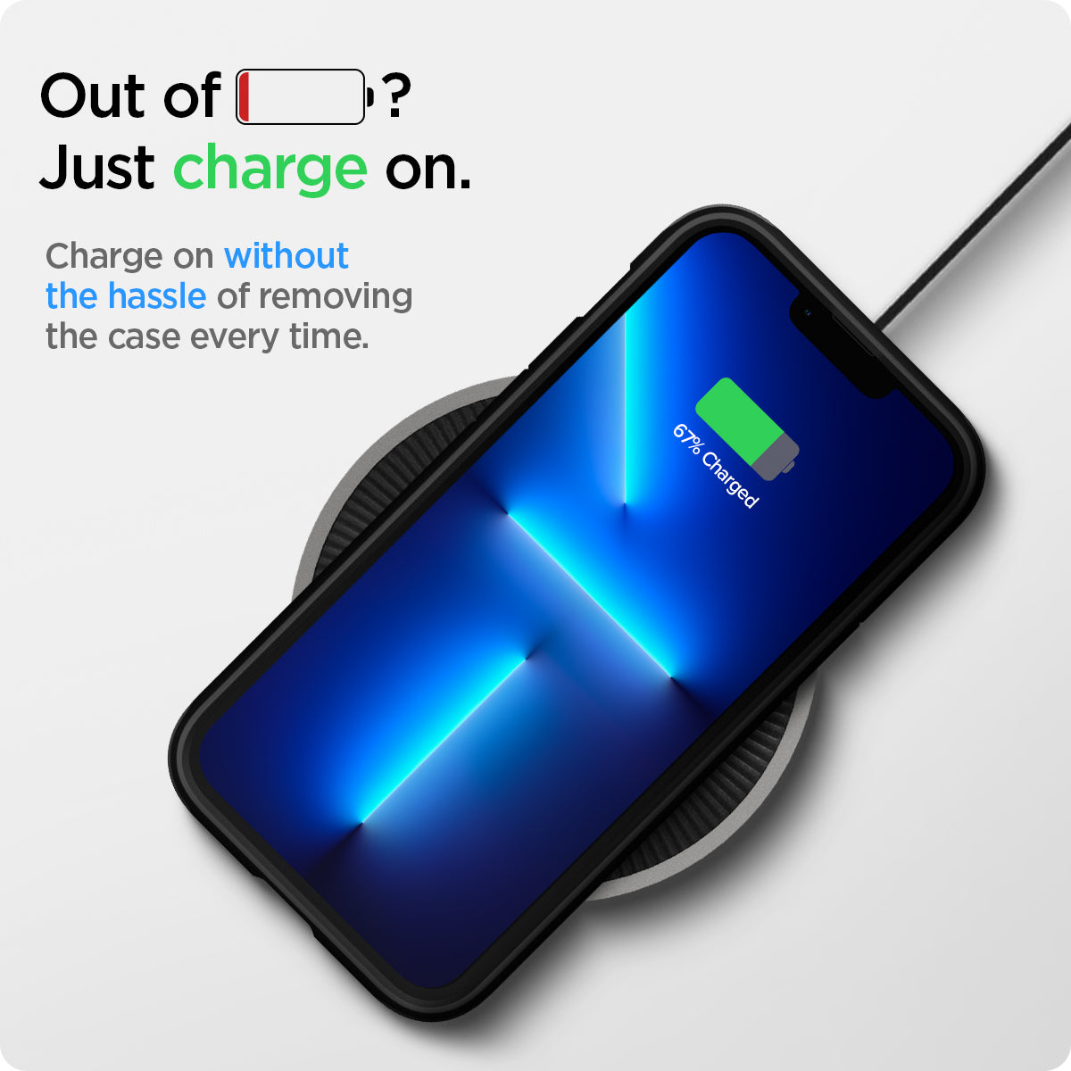 ACS03279 - iPhone 13 Pro Case Tough Armor in navy blue showing the charging on without the hassle of removing the case every time