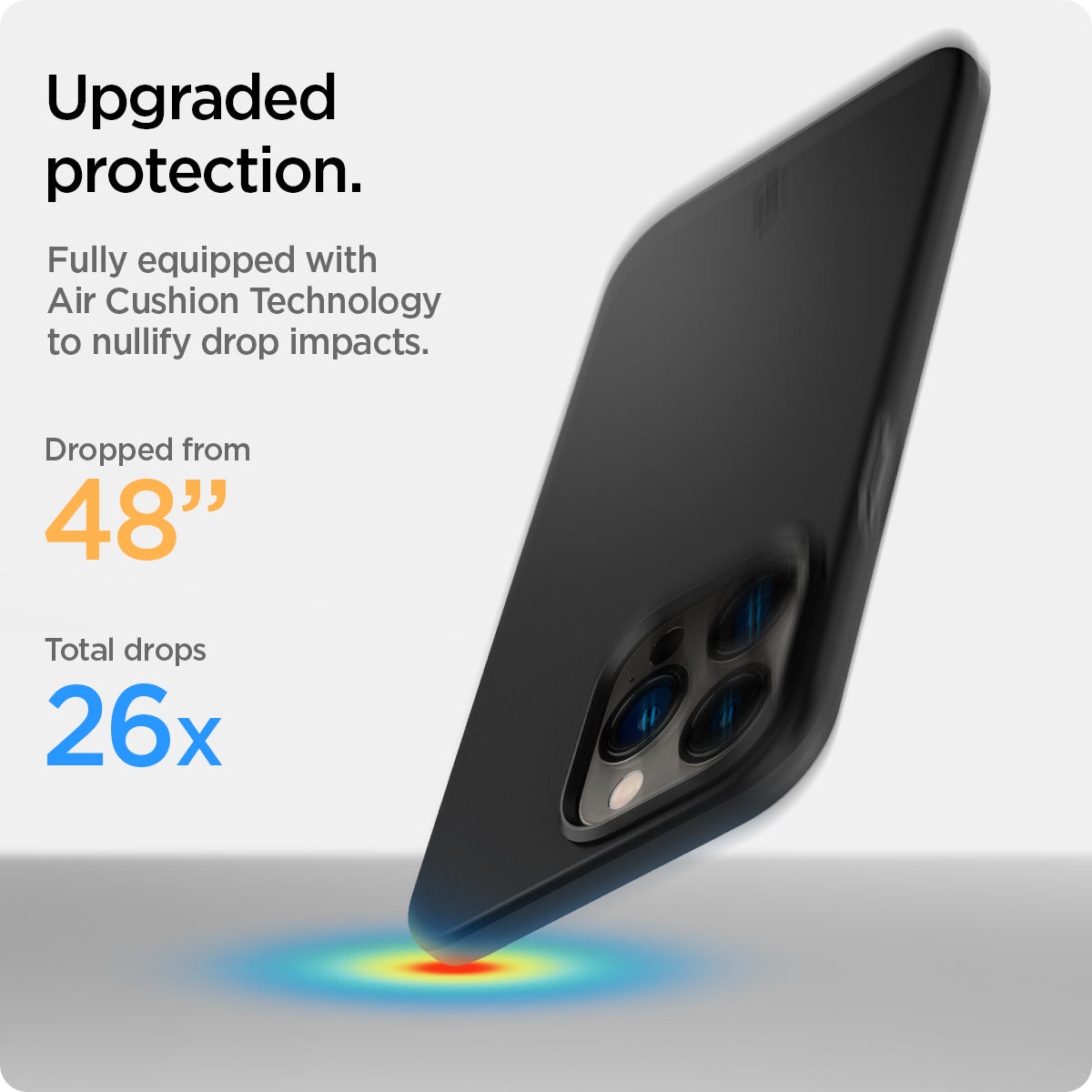ACS03675 - iPhone 13 Pro Case Thin Fit in black showing the upgraded protection. Fully equipped with Air Cushion Technology to nullify drop impacts. Dropped from 48" | Total drops 26x