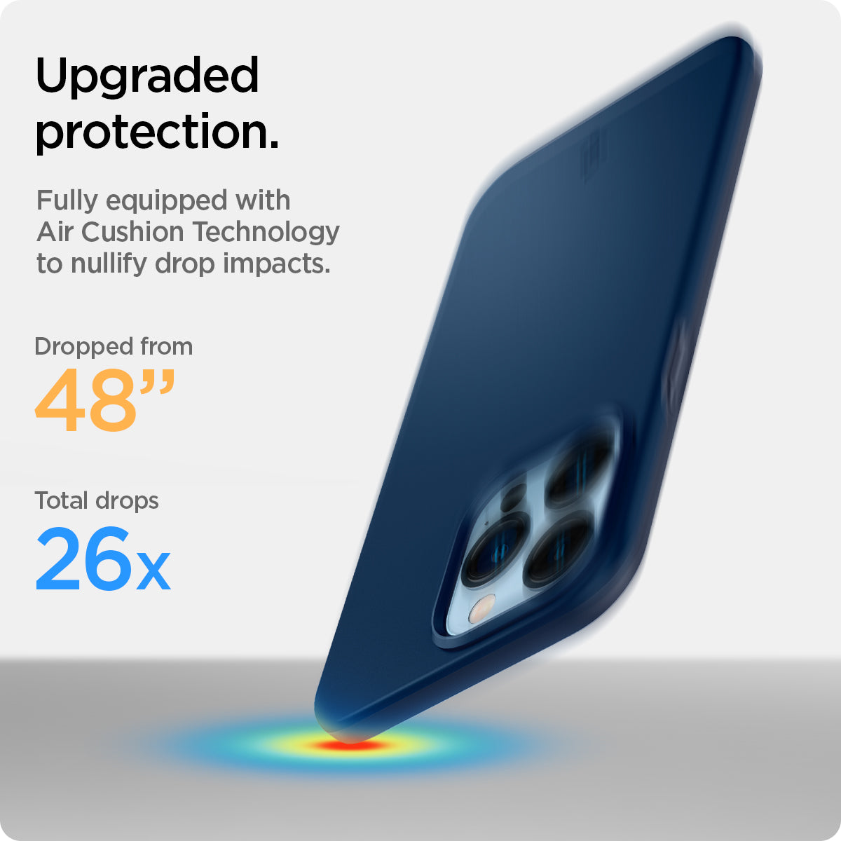 ACS03250 - iPhone 13 Pro Case Thin Fit in navy blue showing the upgraded protection. Fully equipped with Air Cushion Technology to nullify drop impacts. Dropped from 48" | Total drops 26x
