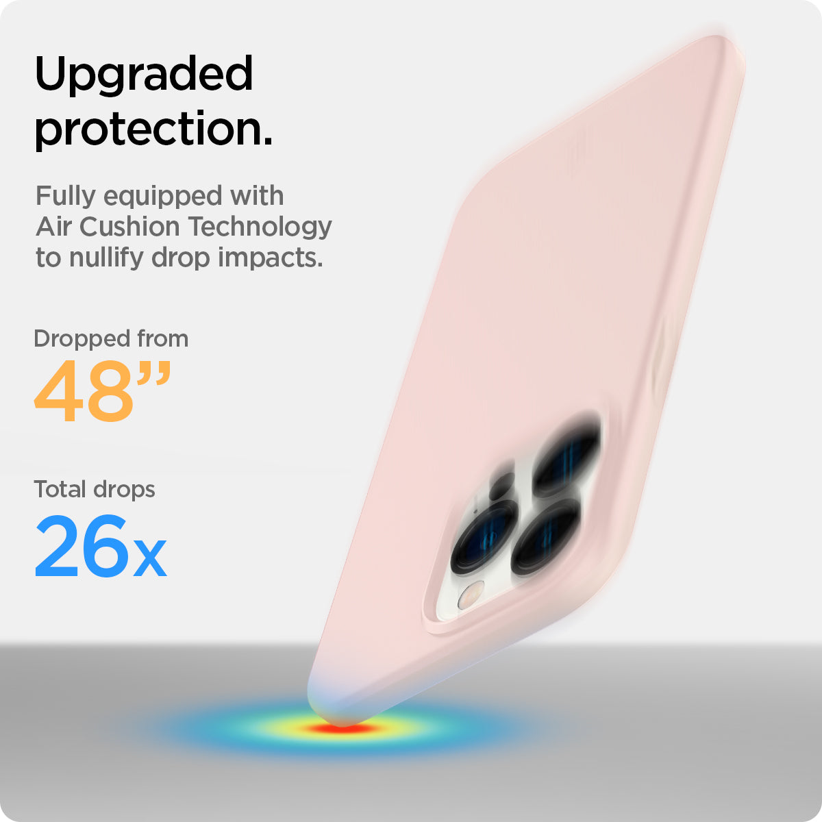 ACS03676 - iPhone 13 Pro Case Thin Fit in pink sand showing the upgraded protection. Fully equipped with Air Cushion Technology to nullify drop impacts. Dropped from 48" | Total drops 26x