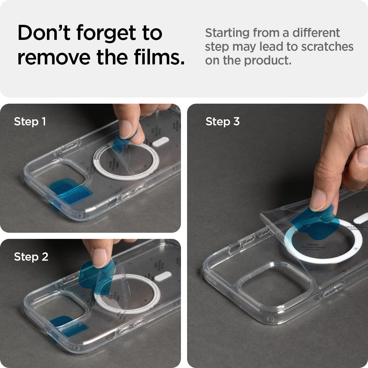 ACS03267 - iPhone 13 Pro Case Ultra Hybrid Mag Safe Compatible in white showing starting from a different step may lead t scratches on the product. Don't forget to remove the films