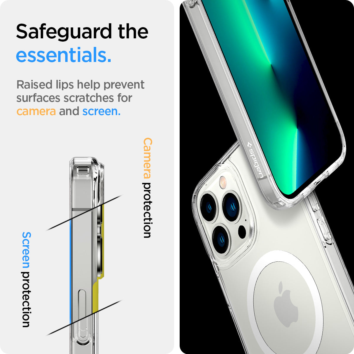 ACS03267 - iPhone 13 Pro Case Ultra Hybrid Mag Safe Compatible in white showing the raised lips help prevent surfaces scratches for camera and screen. Screen protection and camera protection