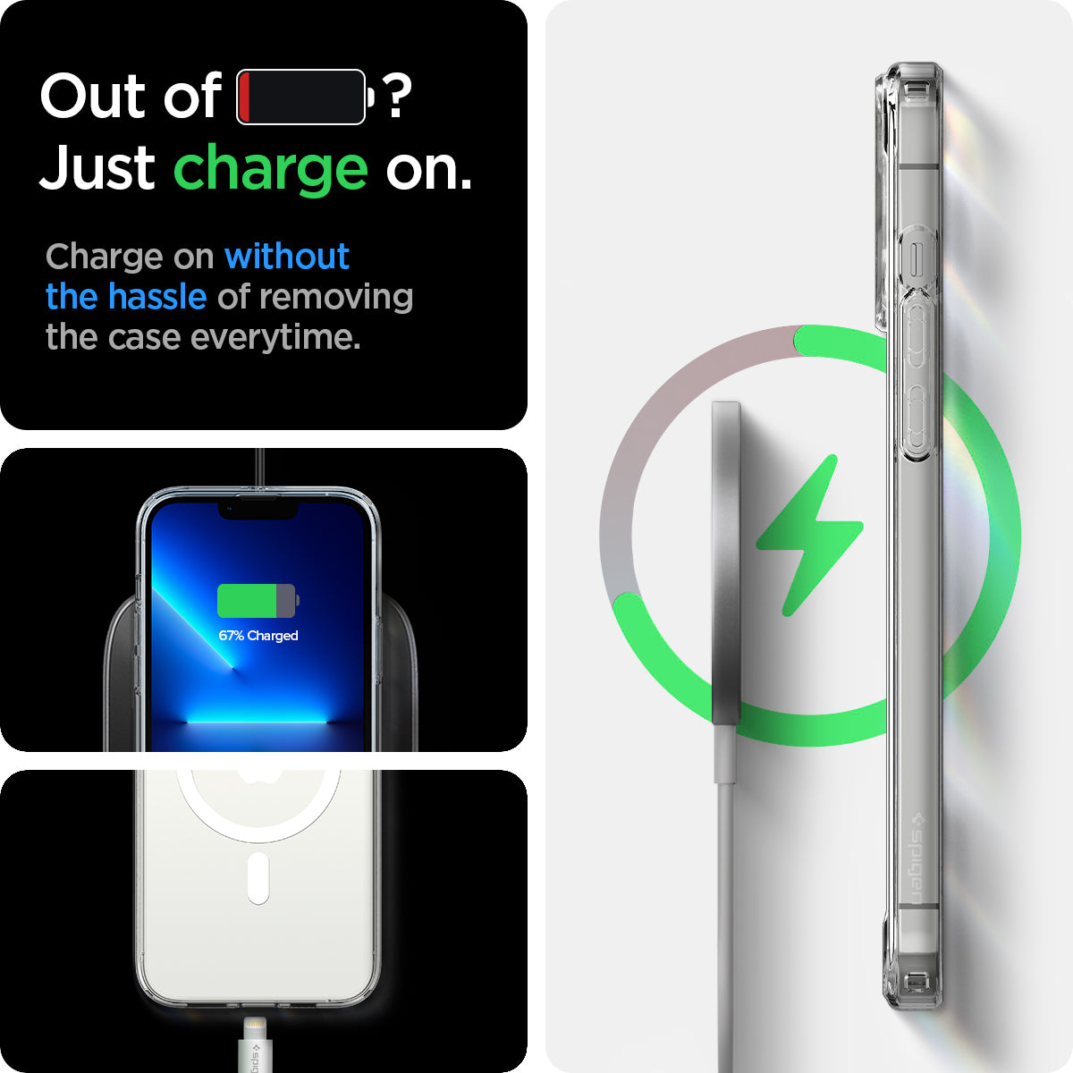 ACS03267 - iPhone 13 Pro Case Ultra Hybrid Mag Safe Compatible in white showing charging on without the hassle of removing the case every time