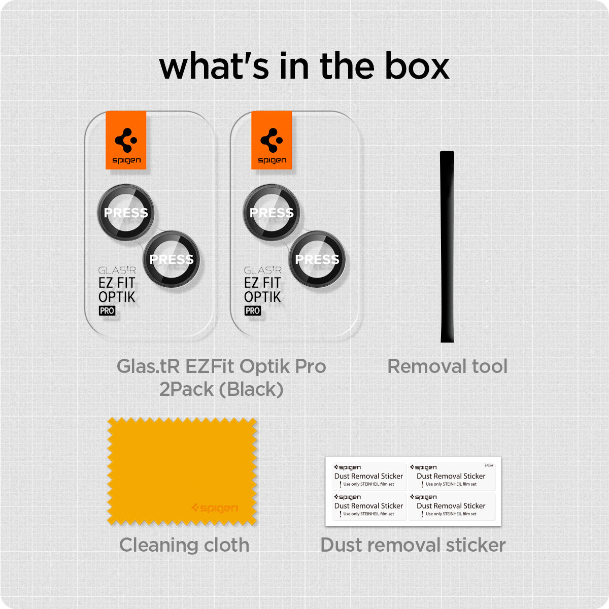 AGL05213 - iPhone 15 / 15 Plus Optik Pro Lens Protector in black what's in the box. Glas.tR EZFit Optik Pro 2Pack (black), Removal tool, Cleaning tool, Dust removal sticker.