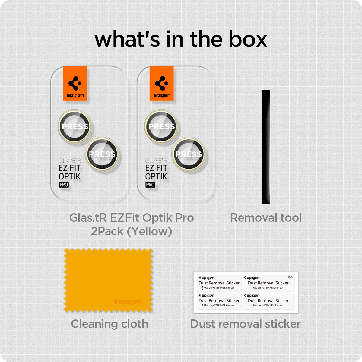 AGL07168 - iPhone 15 Plus Optik Pro EZ Fit Lens Protector in Yellow what's in the box. Glas.tR EZFit Optik Pro 2Pack (black), Removal tool, Cleaning tool, Dust removal sticker.