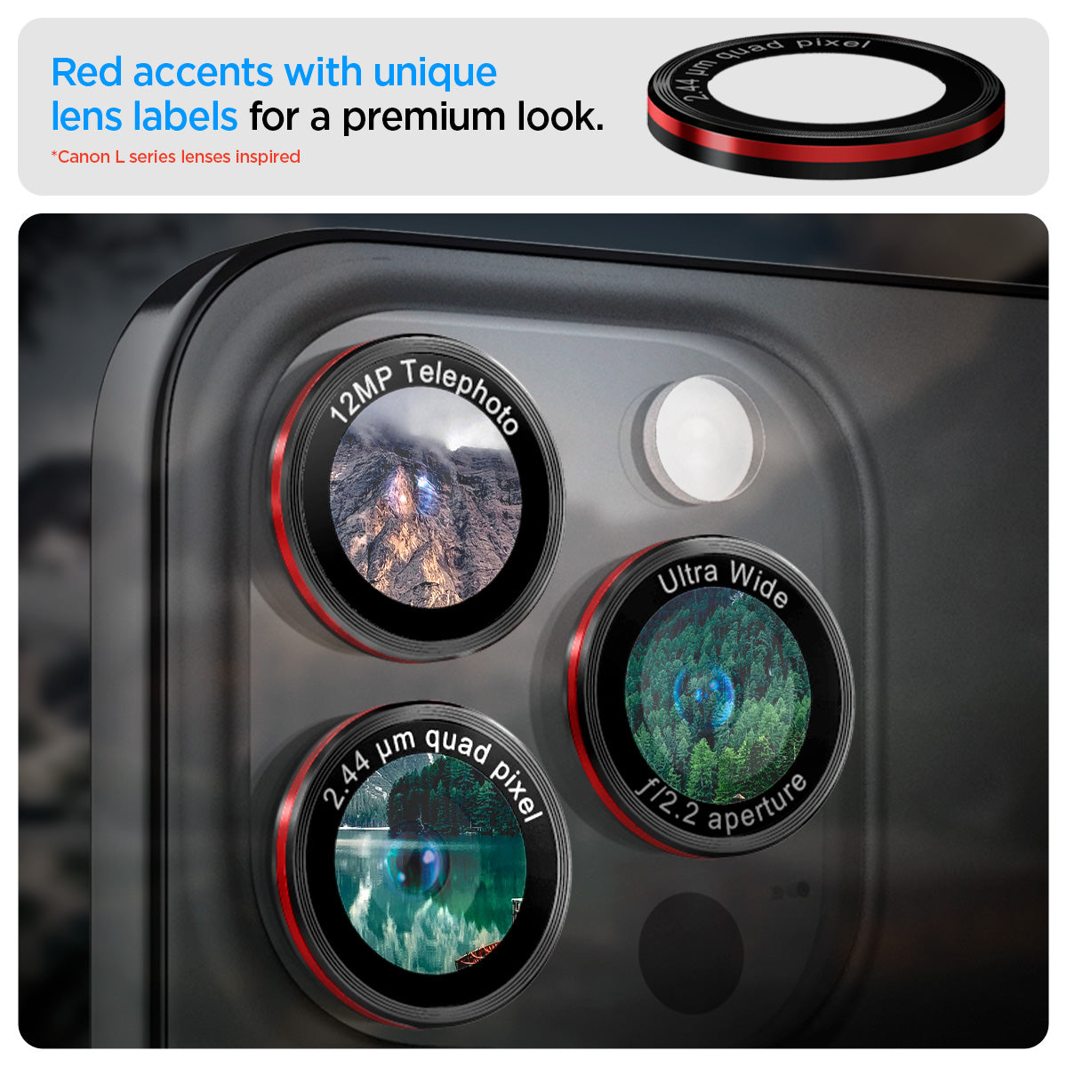AGL05217 - iPhone 16 Pro / 16 Pro Max Optik Pro Lens Protector L-series red accents with unique lens labels for a premium look. canon L series lenses inspired.