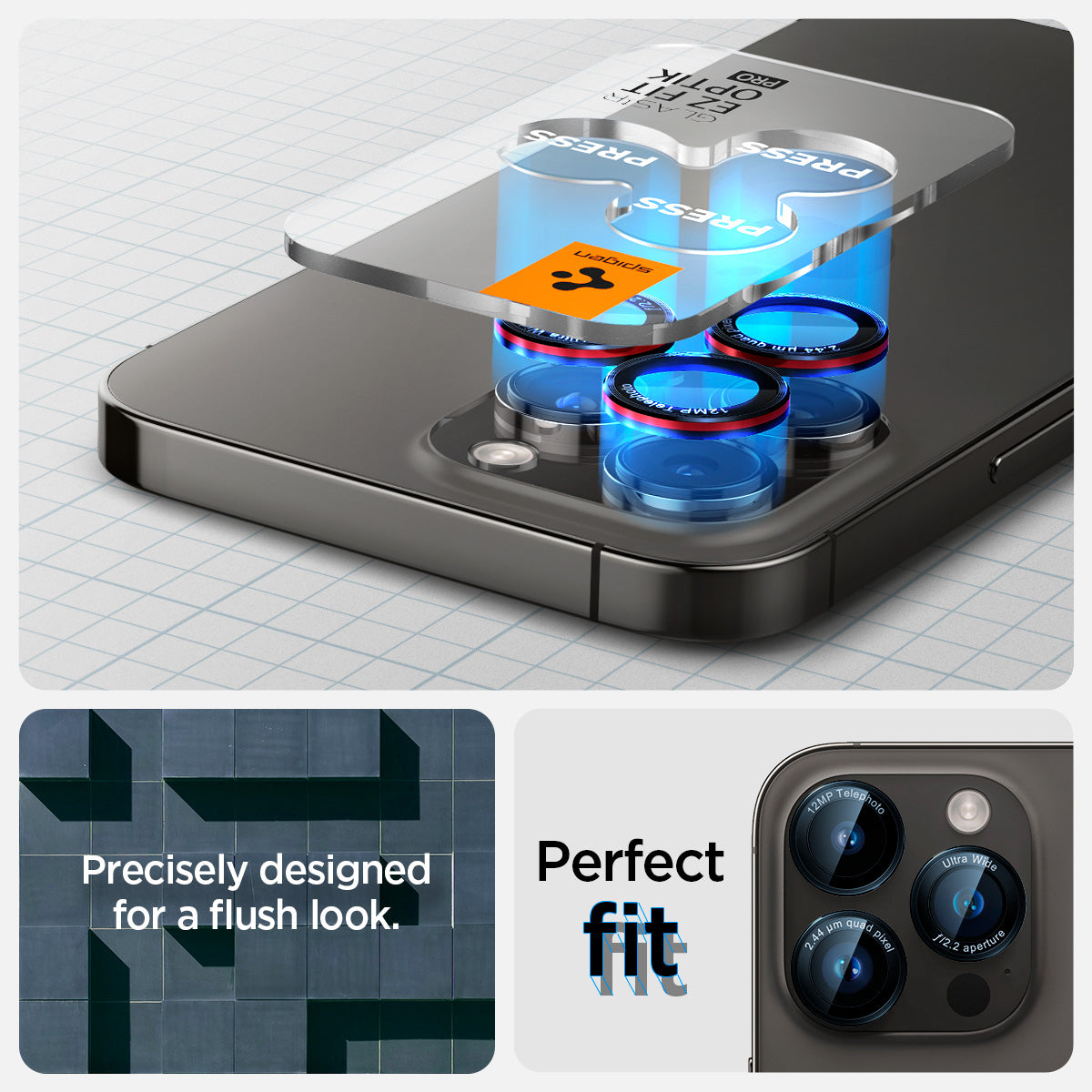AGL05217 - iPhone 15 Pro / 15 Pro Max Optik Pro Lens Protector L-series  showing the perfect fit. Precisely designed for a flush look