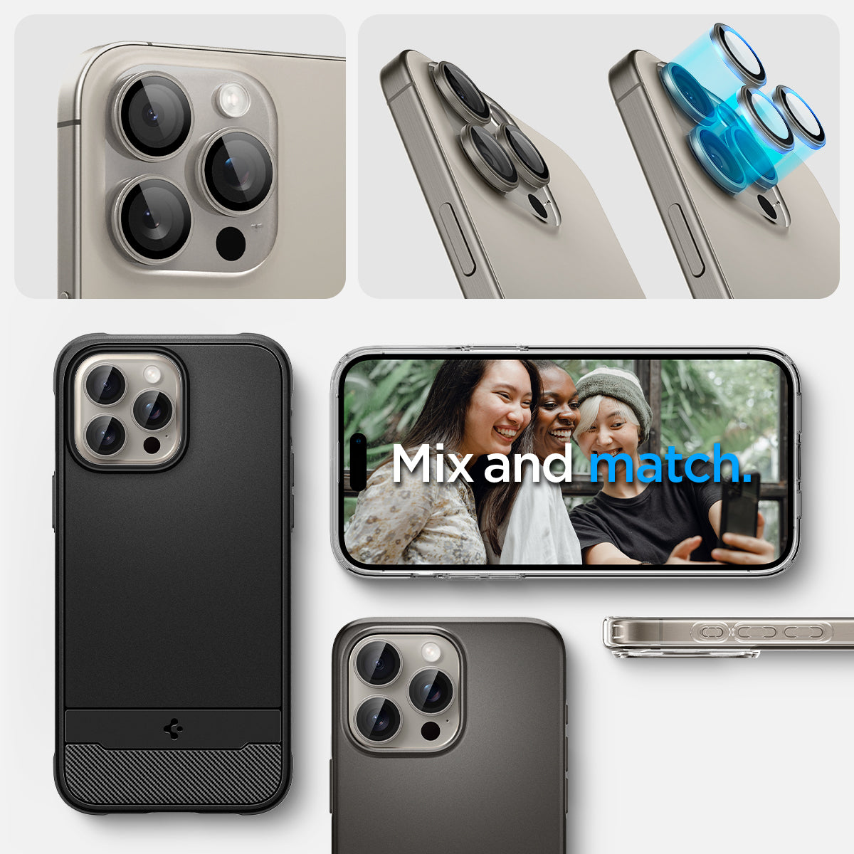 AGL07163 - iPhone 16 Pro / 16 Pro  Max Optik Pro Lens Protector in natural titanium show detail. mix and match.