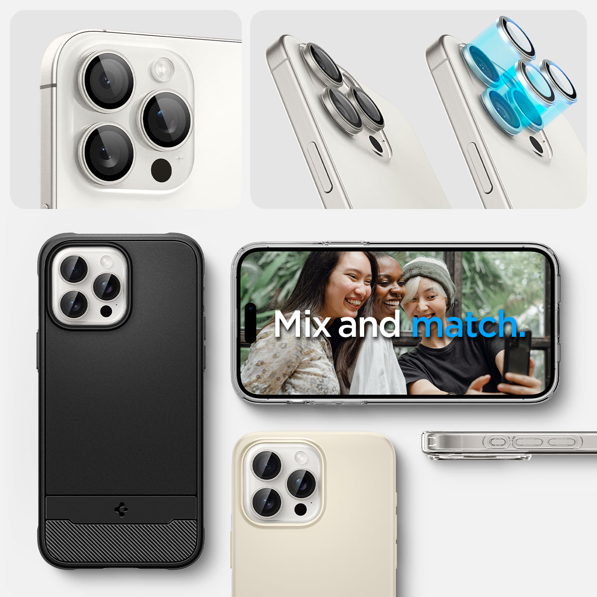 AGL07165 - iPhone 16 Pro / 16 Pro  Max Optik Pro Lens Protector in white titanium show detail. mix and match.