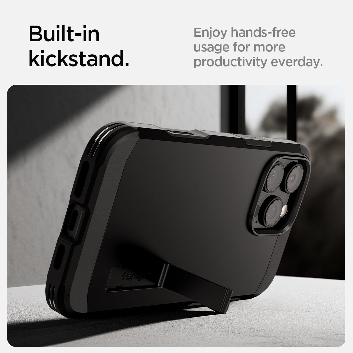 ACS08503 - iPhone 16 Pro Max Case Tough Armor T AI (MagFit + Camera Control) in Black showing the built-in kickstand, enjoy hands-free usage for more productivity everyday
