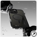 ACS09072 - iPhone 16 Pro Case Tough Armor T AI (MagFit) in Frost Black showing the back, partial side and bottom in between rocks