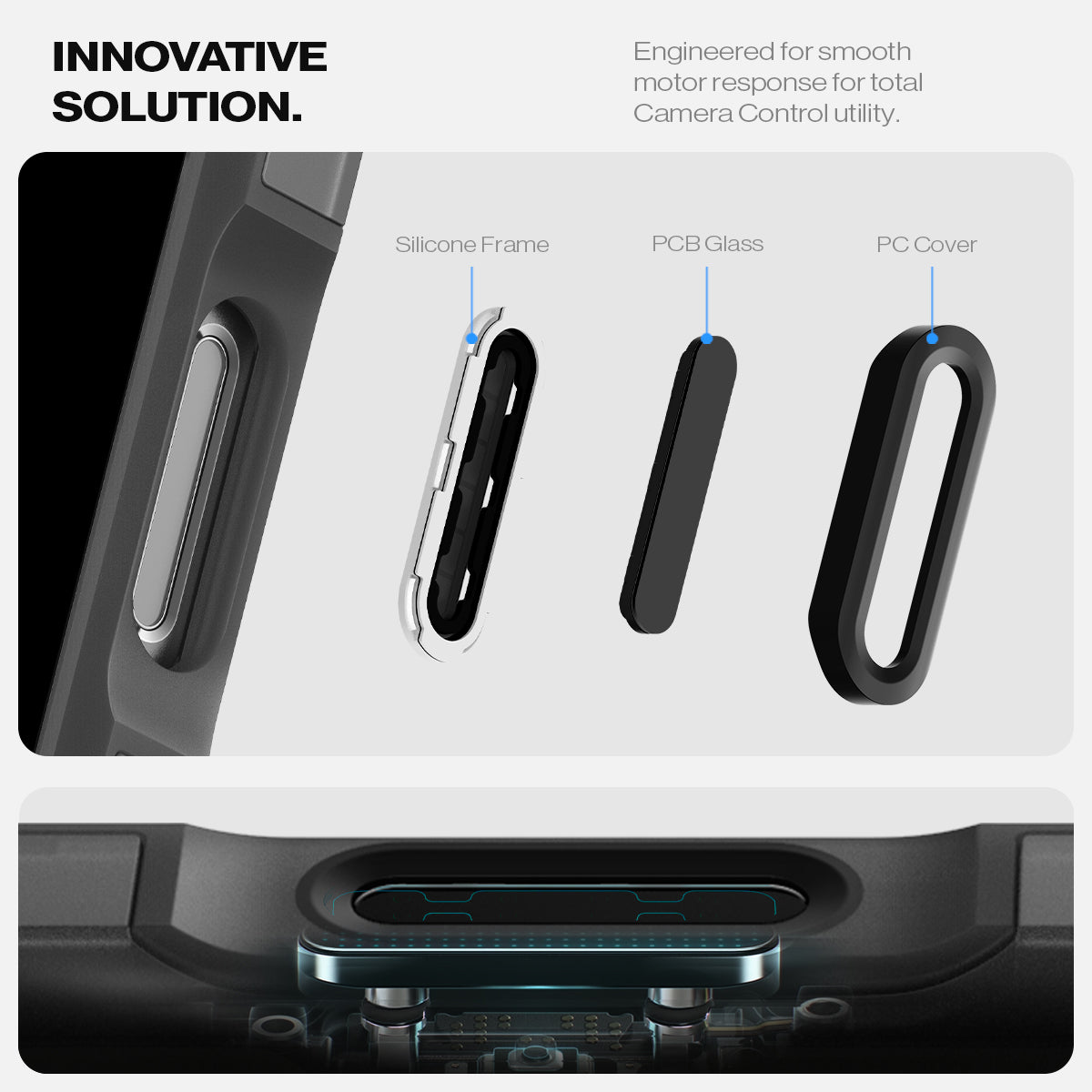 ACS09072 - iPhone 16 Pro Case Tough Armor T AI (MagFit) in Frost Black showing the innovative solution. Engineered for smooth motor response for total camera control. Silicone Frame, PCB Glass and PC Cover