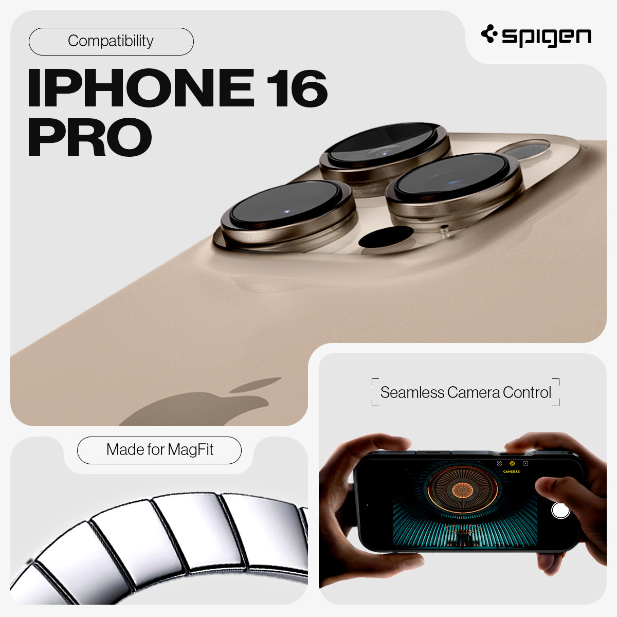 ACS08511 - iPhone 16 Pro Case Tough Armor T AI (MagFit + Camera Control) in Metal Slate showing the compatibility with iPhone 16 Pro made for MagFit and seamless camera control