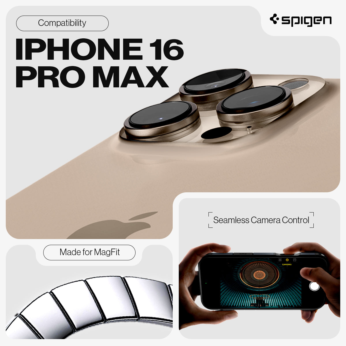 ACS08504 - iPhone 16 Pro Max Case Tough Armor T AI (MagFit) in Metal Slate showing the compatibility with iPhone 16 Pro Max made for MagFit and seamless camera control