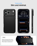 ACS09879 - iPhone 17 Pro Max Thin Fit (MagFit) in black showing a slim and minimal case design from front, back, and side views.