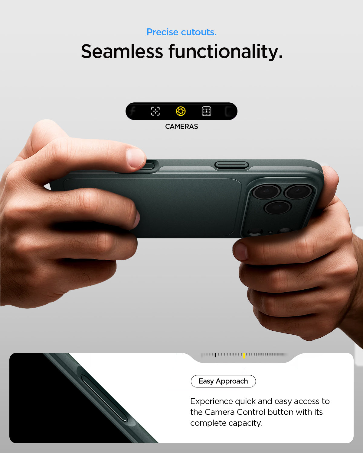 ACS09880 - iPhone 17 Pro Max Thin Fit (MagFit) in abyss green showing precise cutouts. seamless functionality. Easy approach Experience quick and easy access to the camera control button with its complete capacity.