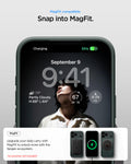 ACS09880 - iPhone 17 Pro Max Thin Fit (MagFit) in abyss green showing magfit compatible. snap into magfit. upgrade your daily carry with magfit to unlock more with the spigen ecosystem