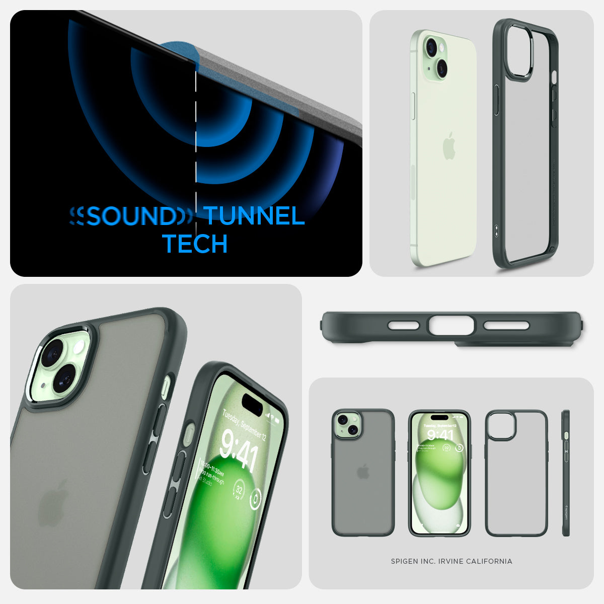 ACS06798 - iPhone 15 Case Ultra Hybrid in frost green showing the different angles with sound tunnel tech